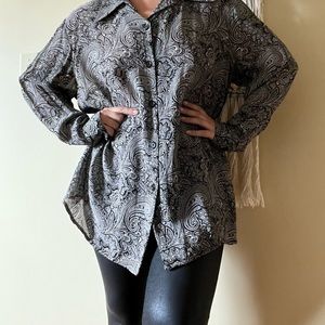 Vintage Sheer Oversized Paisley Blouse Button Down Long Sleeve Shirt